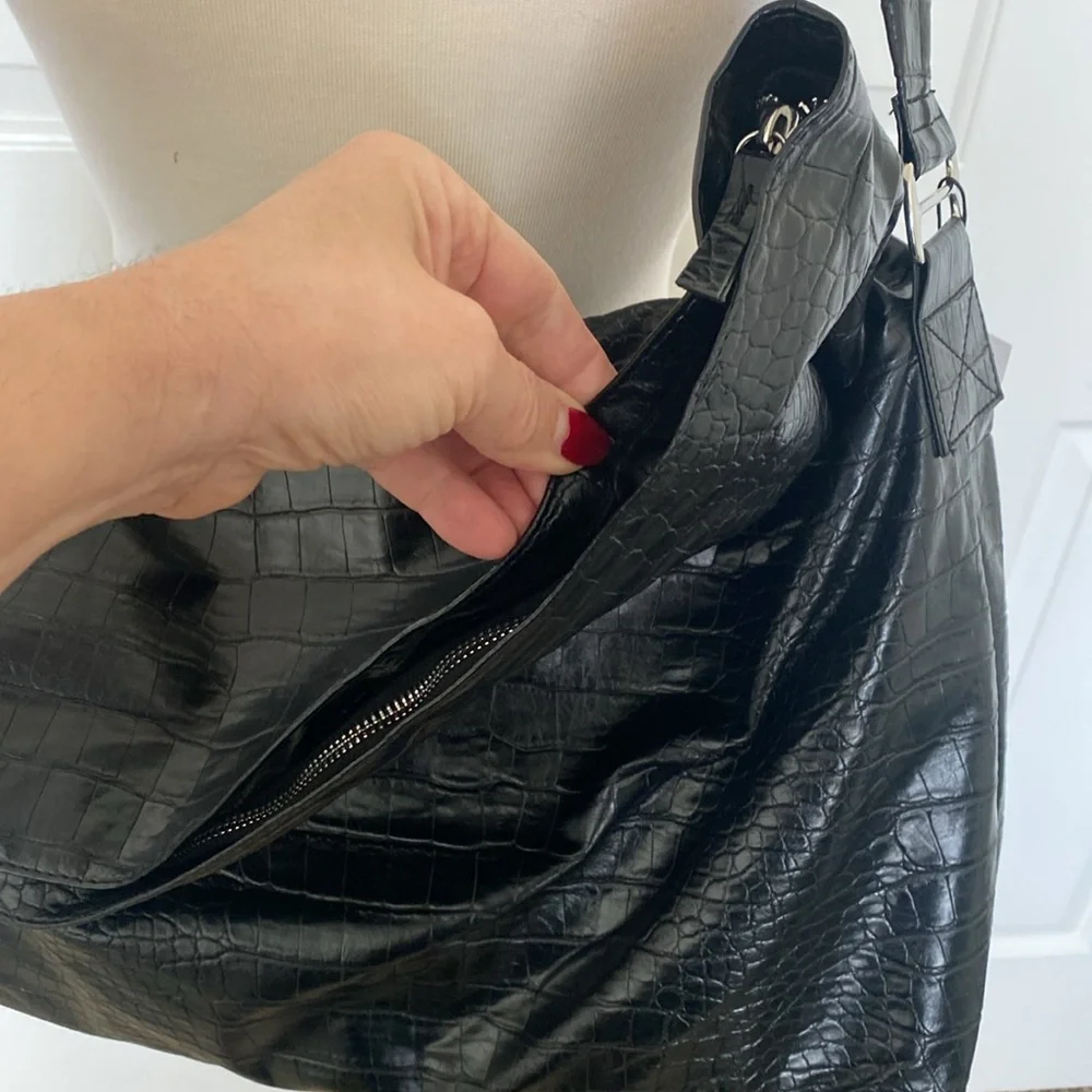 Zara Vegan Leather Black Croc Tote Bag New - Picture 4 of 11